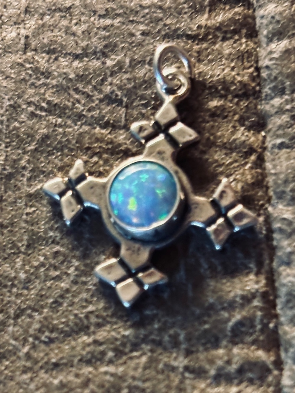 Vintage Sterling Silver Jerusalem Cross Pendant w/Blue Opal Gemstone Center $16
